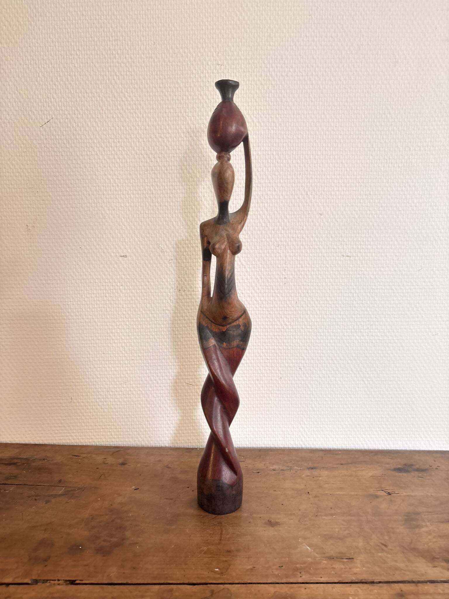 Sculpture Water Carrier Carved Exotic African Wood Curio Art Makonde