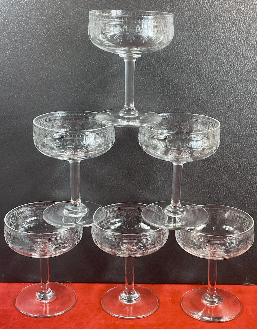 Vintage 6 old champagne glasses in engraved crystal