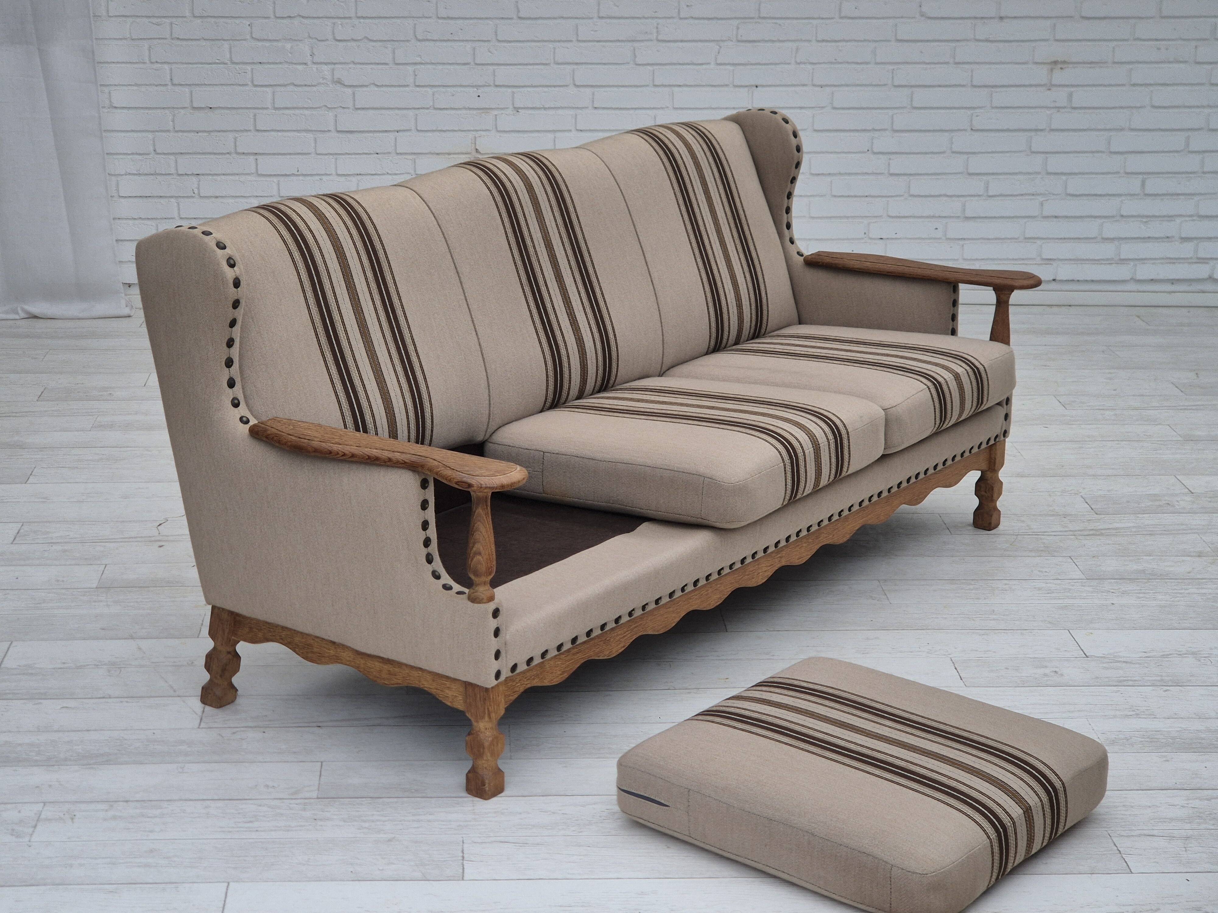 1970s, Danish 3-seater sofa, furniture wool fabric, oak wood, original.