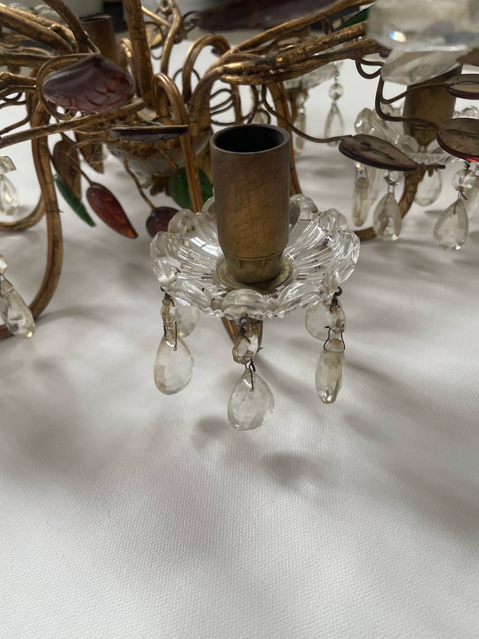 Floral chandelier Banci Firenze with 6 lights, coloured glass and gold metal.