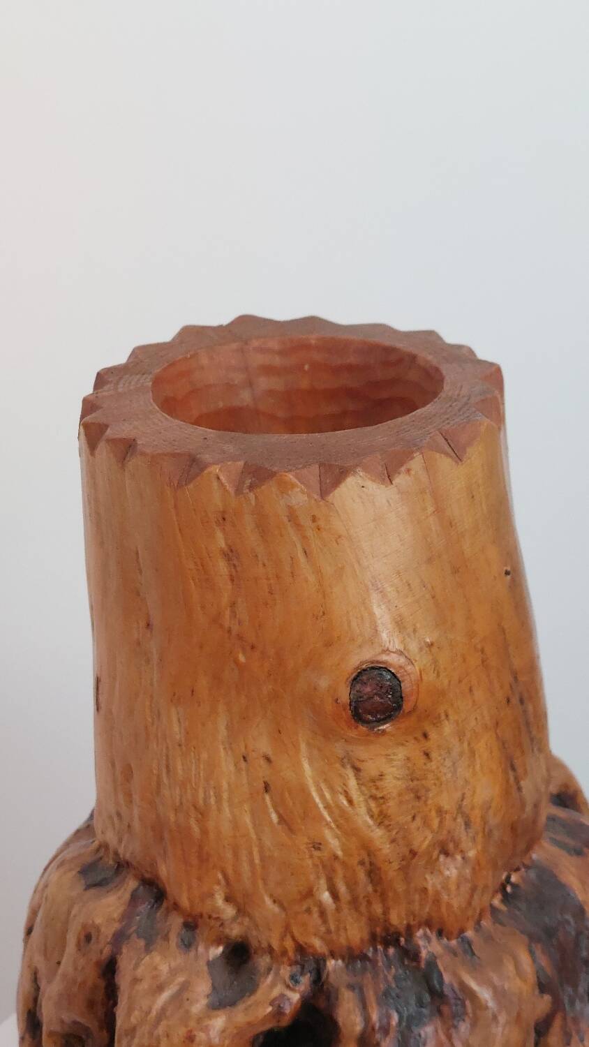 Vintage carved brutalist burl wood vase