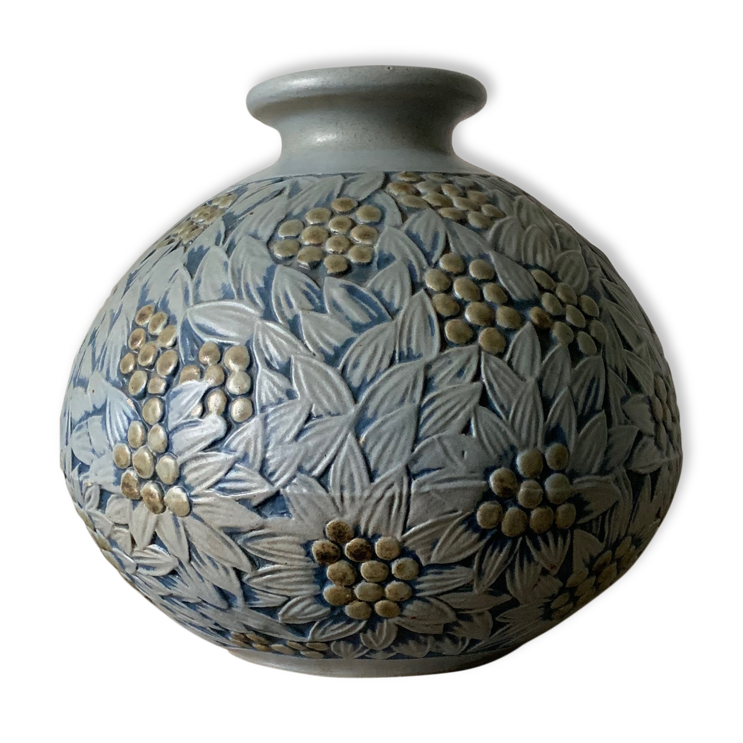 Vase Mougin blue flower and vegetal motif
