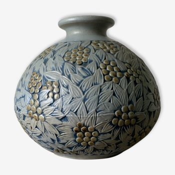 Vase Mougin blue flower and vegetal motif