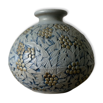 Vase Mougin blue flower and vegetal motif