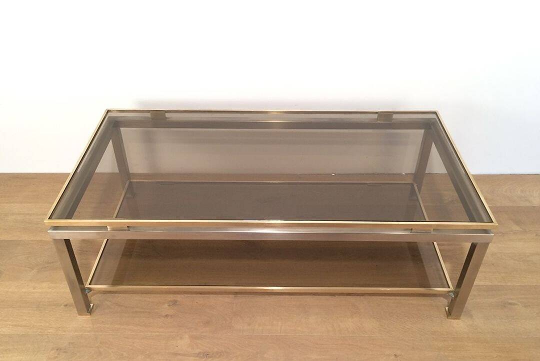 Coffee Table with Double Top in Brushed Steel and Brass, Guy Lefèvre for Ma
