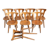 Serie de 8 chaises bistrot rustiques bois hêtre patine miel 1950s