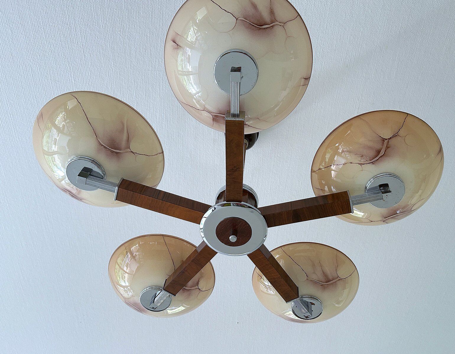 Large Art Deco pendant light in wood and glass, 1930s