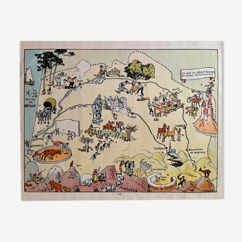 Ancienne carte illustrée de la Gascogne Béarn Pays-Basque 1945 - JP Pinchon