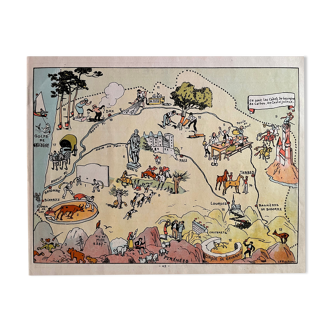 Old illustrated map of Gascony Béarn Basque Country 1945 - JP Pinchon