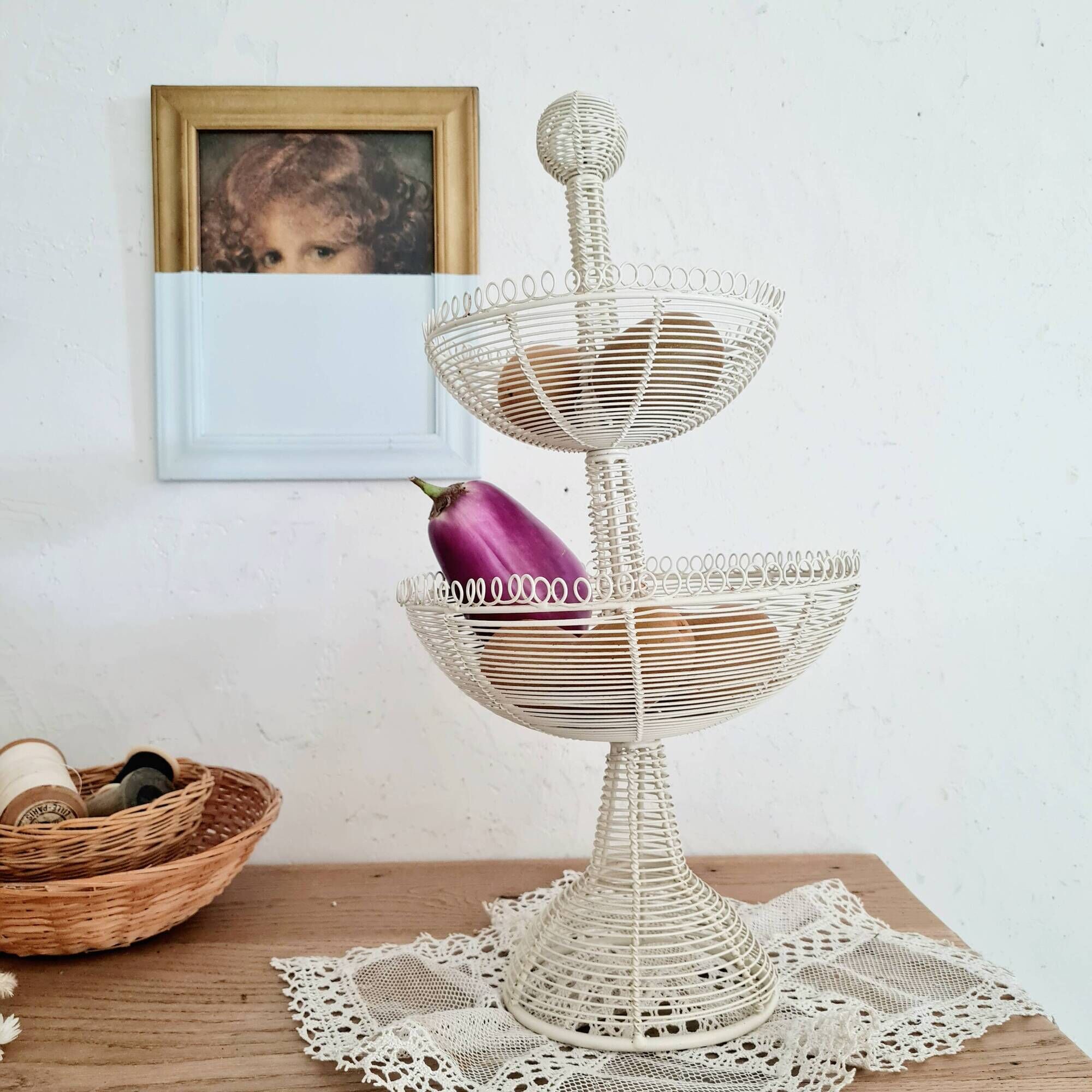 White metal fruit basket - old display