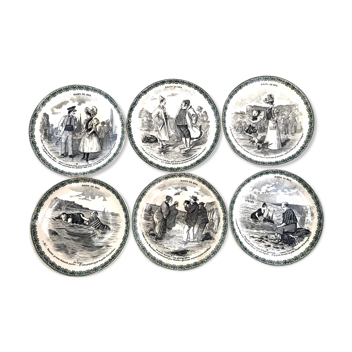 Set of 6 old talking plates iron land HB Cie les bains de mer