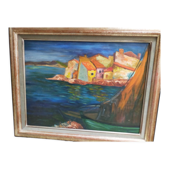 Tableau en Méditerranée huile sur toile, signé MB ( Monique Barnier) années 80