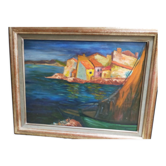 Painting In the Mediterranean oil on canvas, signed MB (Monique Barnier) 80s