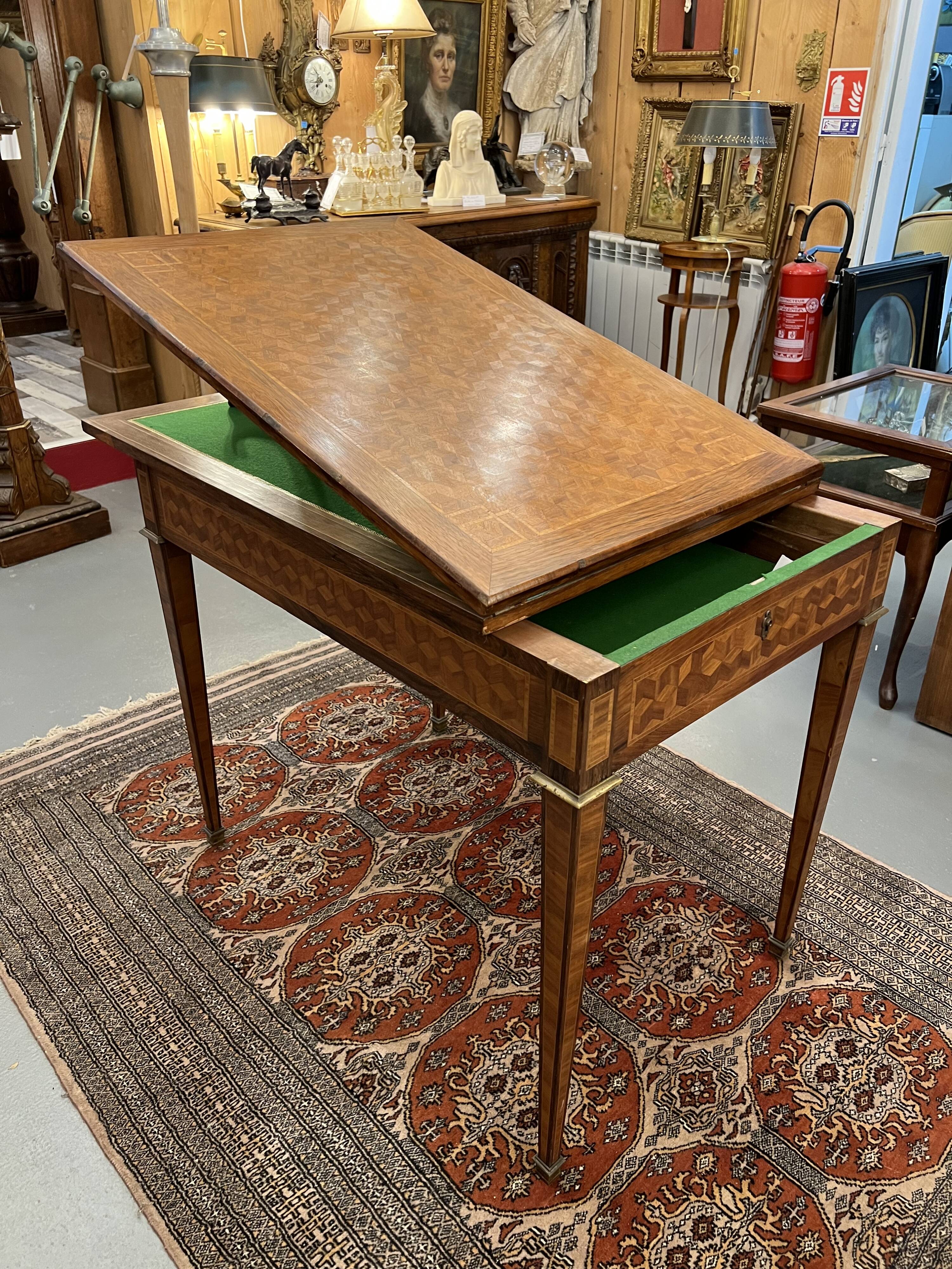 Old game table, has system, length 180 cm, directoire style