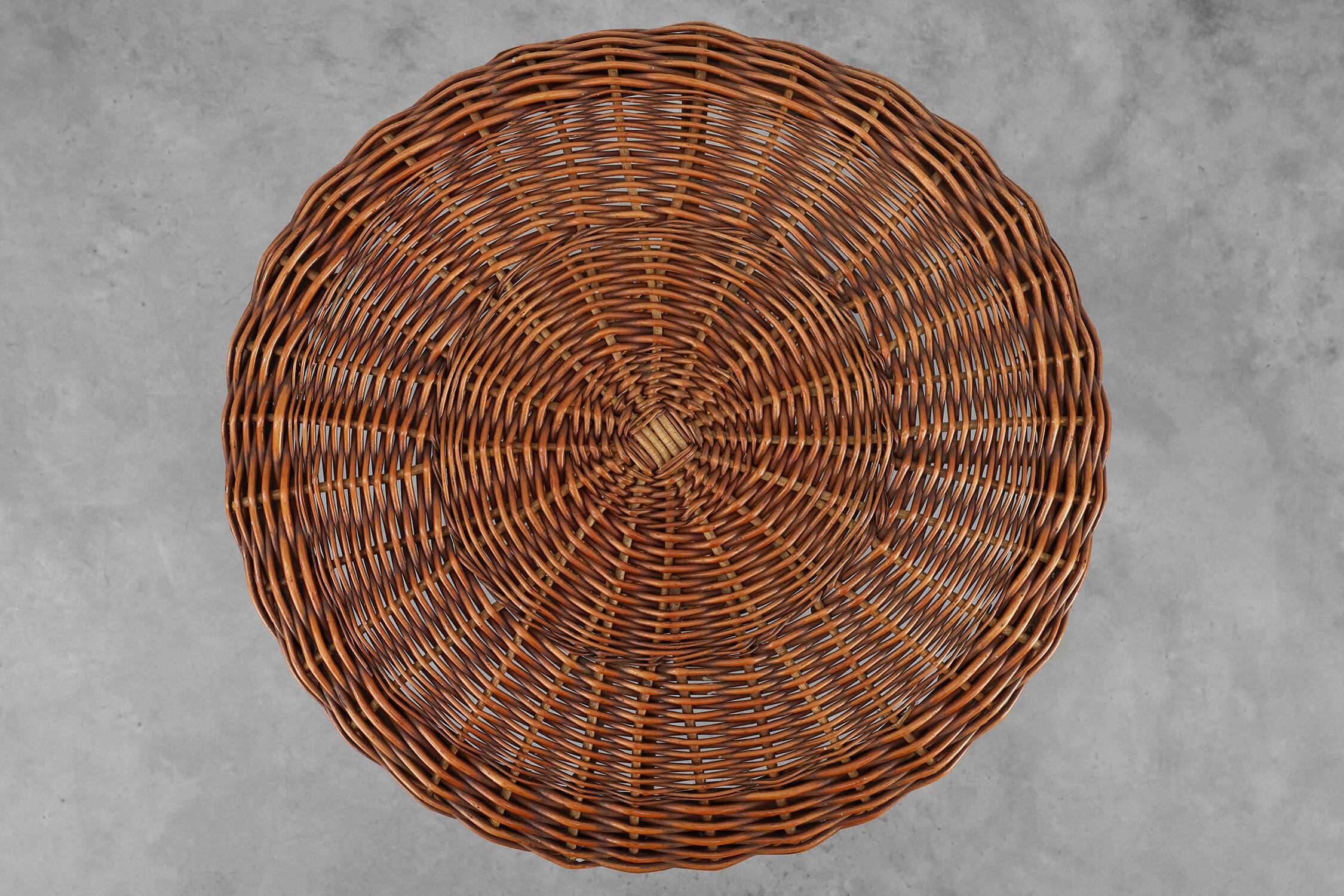 Mid-Century Woven Rattan, Wicker and Iron 2-Tier Round Coffee Table, Italy