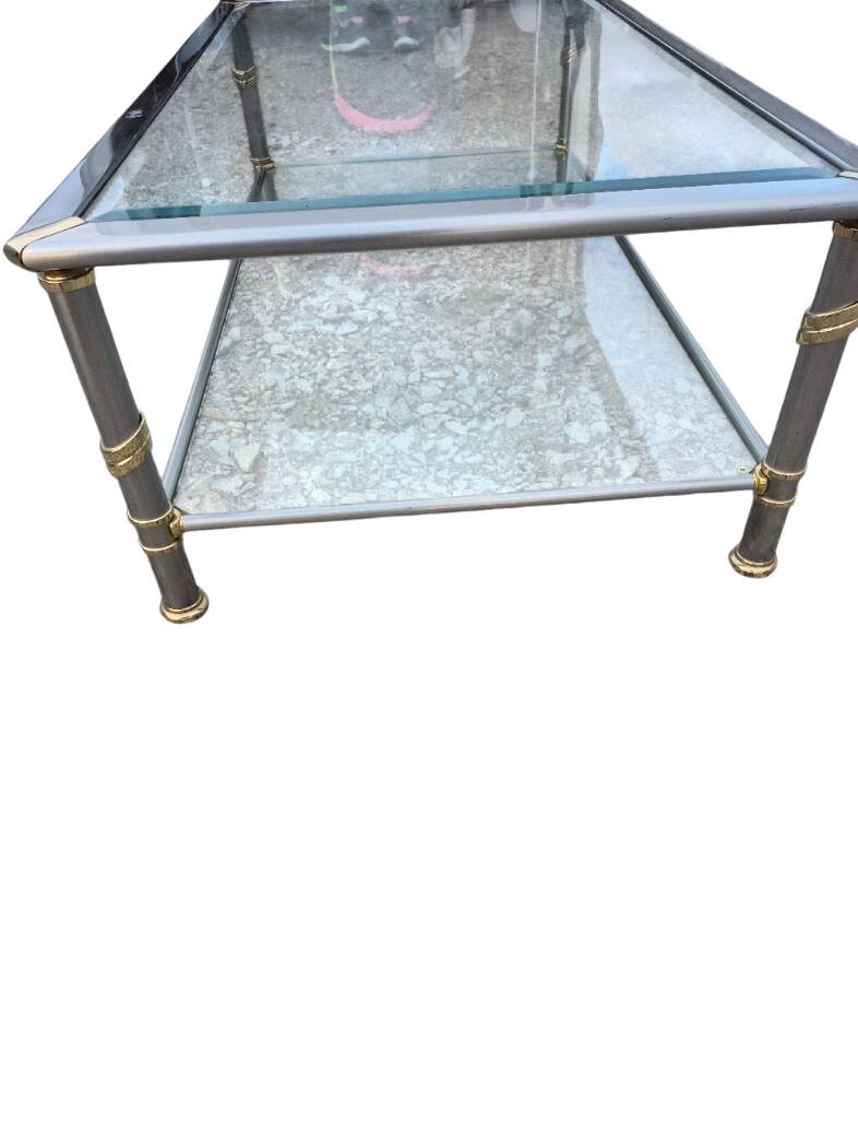 1970s living room table, brushed aluminium and gold metal, bevelled glass.