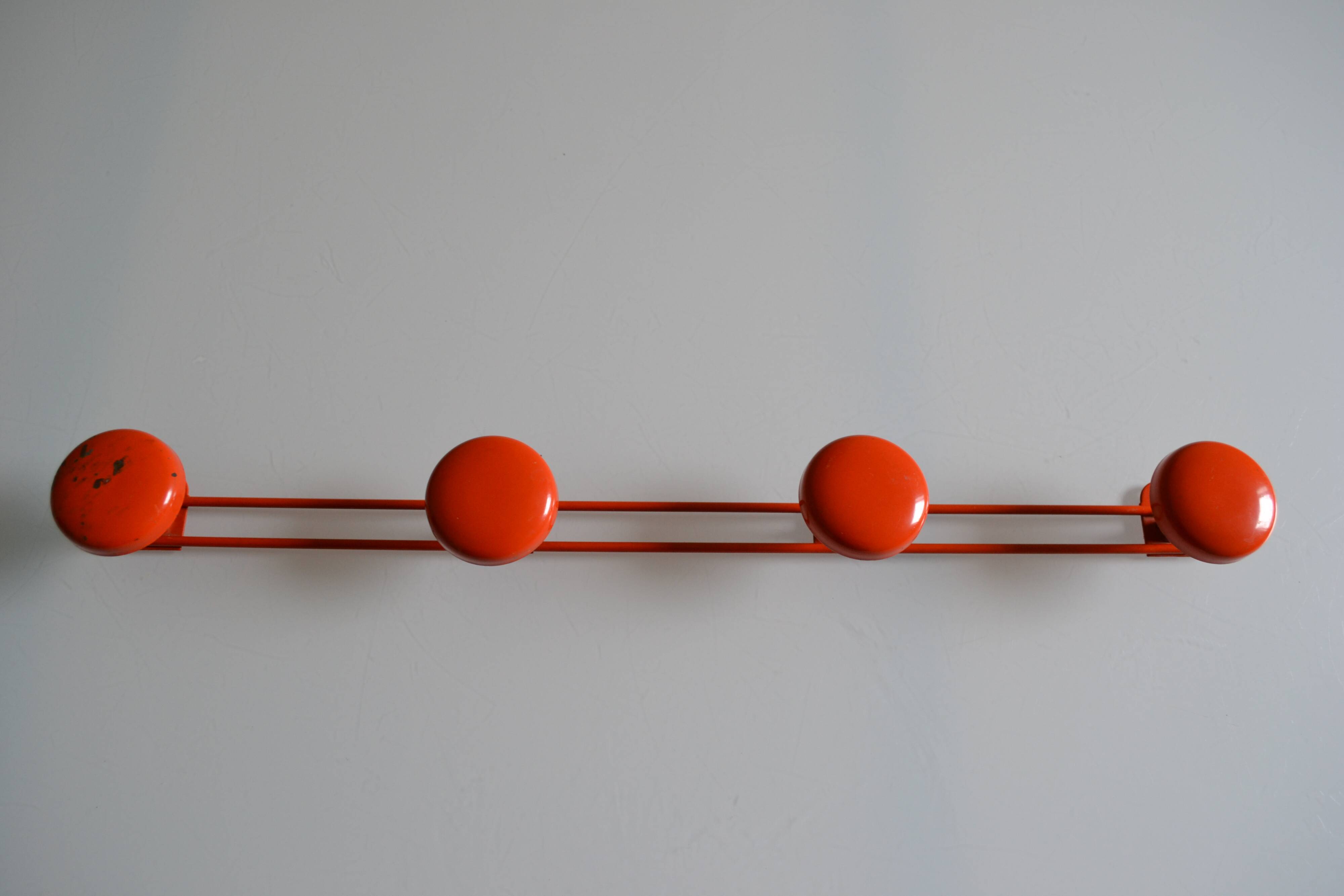 Vintage 70s orange lacquered metal 4-hook wall coat rack