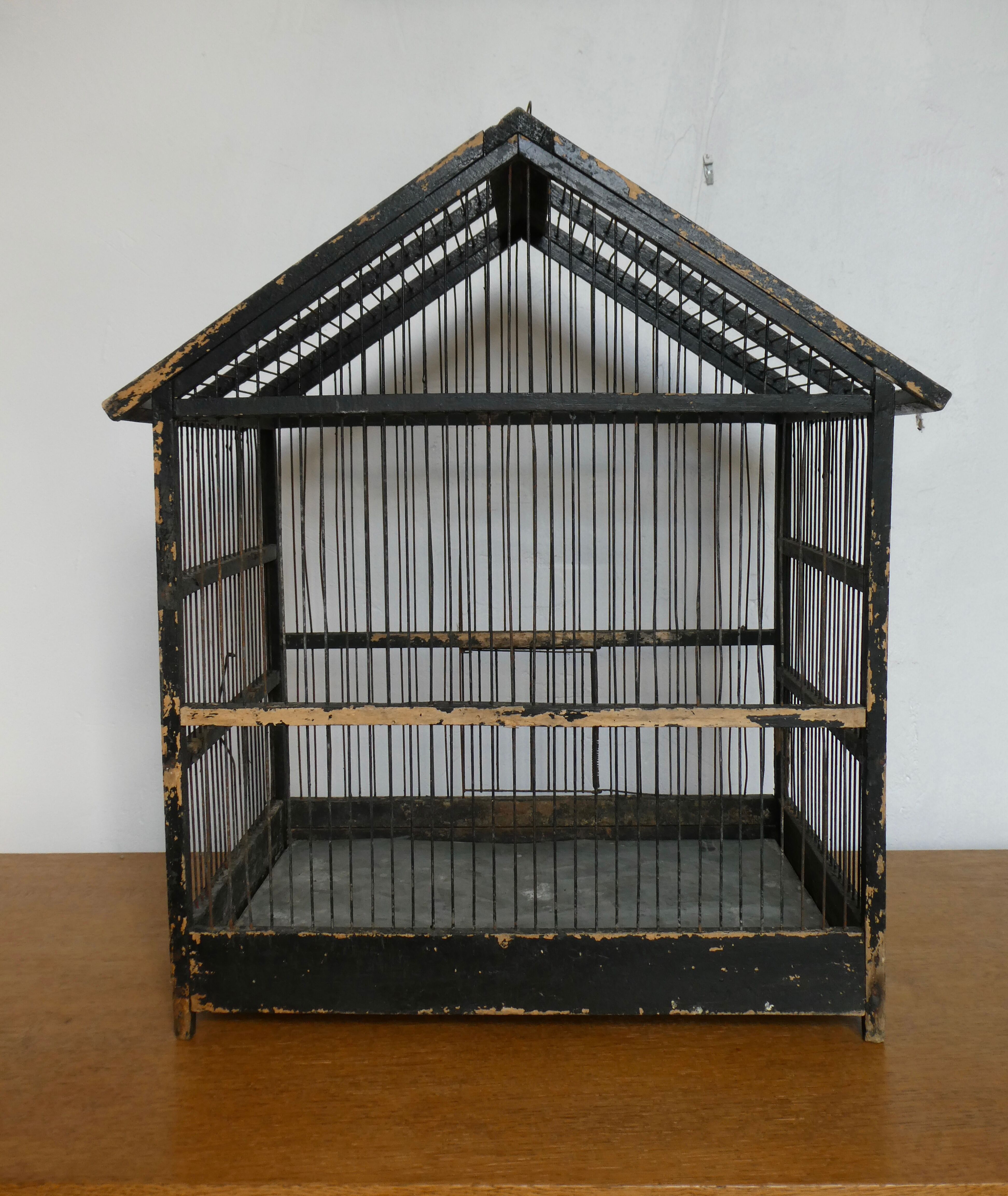 Wooden bird cage, original black patina, early 20th century