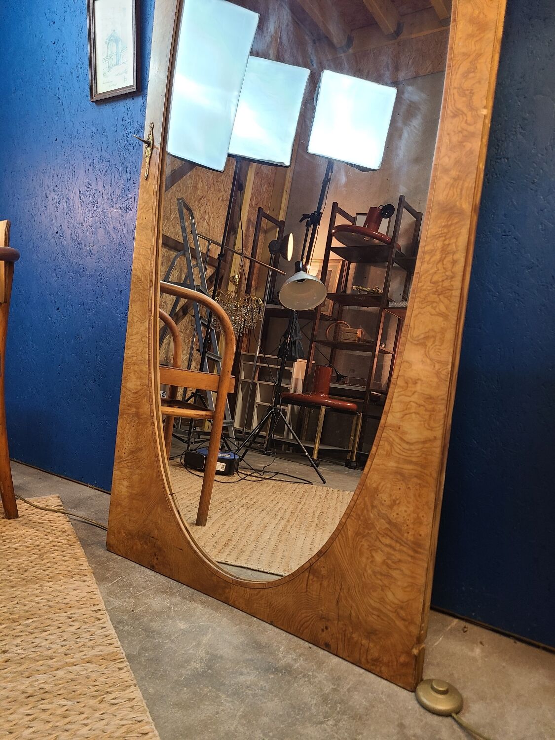 Miroir vintage géant bois clair miroir ovale 1920