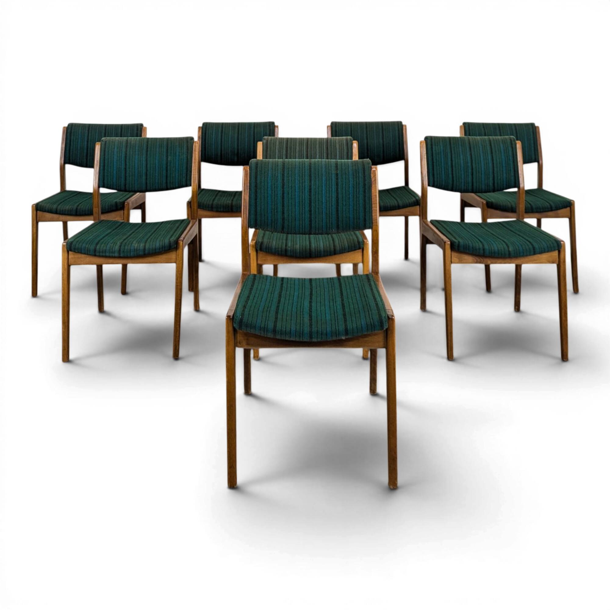 Set of 8 vintage green fabric chairs.
