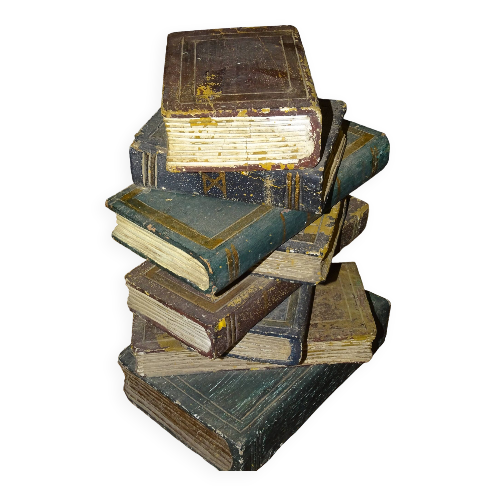 side table, end of sofa stack of wooden books, old, beautiful patina