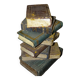 side table, end of sofa stack of wooden books, old, beautiful patina