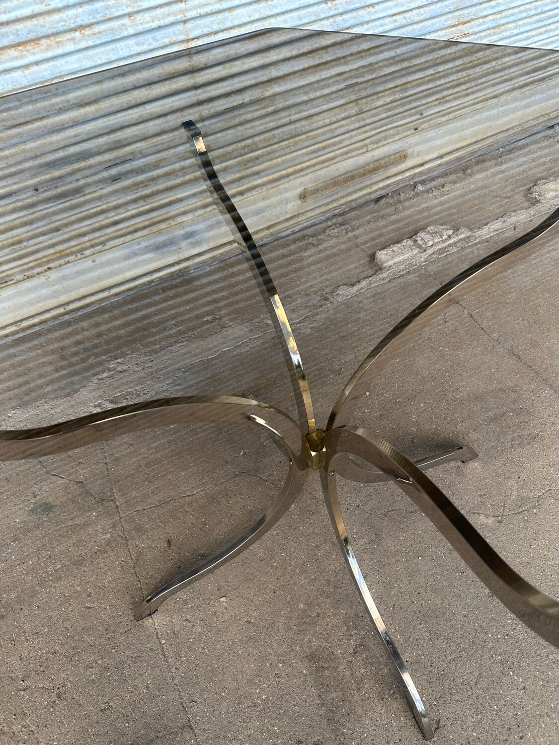 1970s table – chrome, brass, and smoked glass