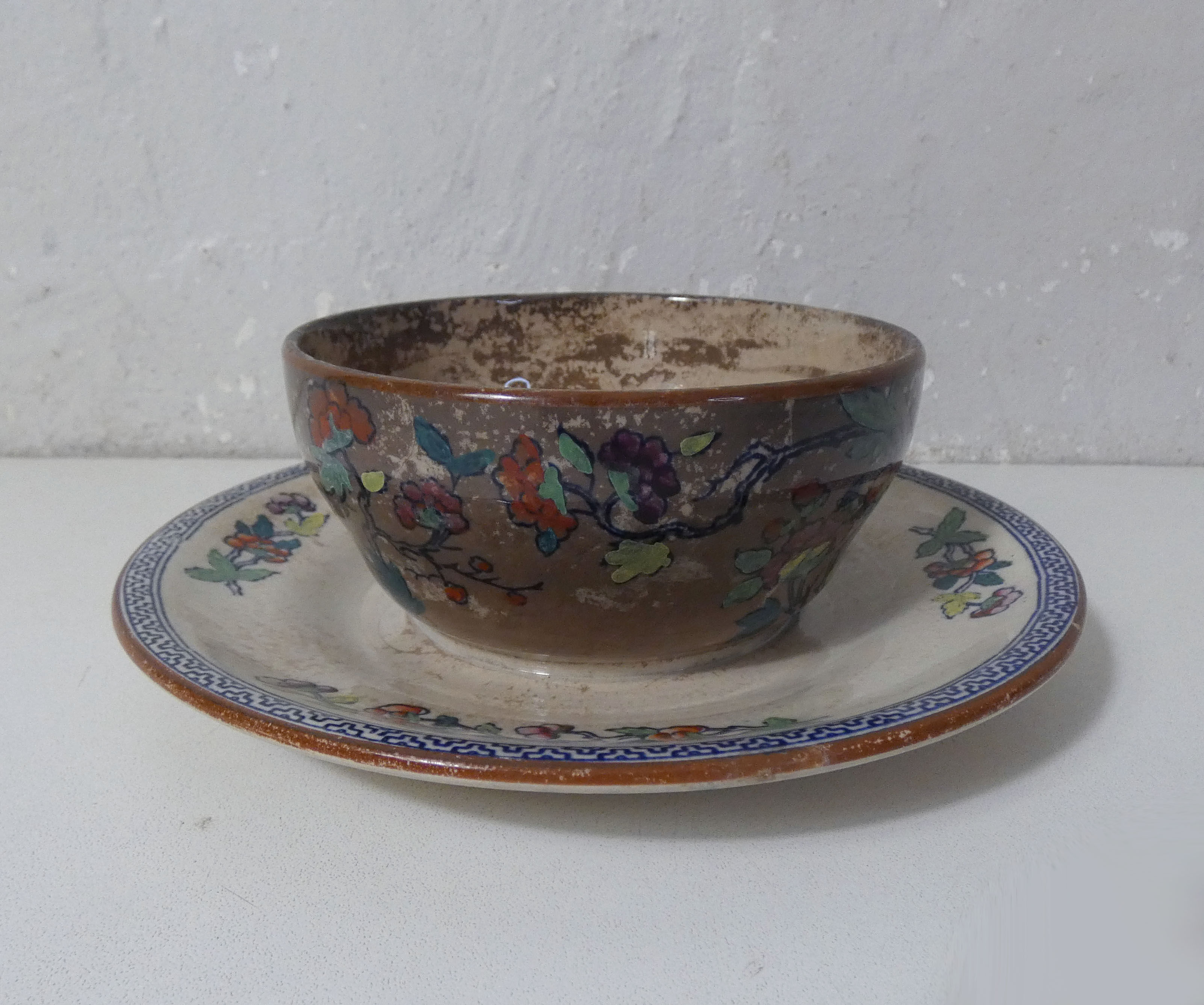 Sarreguemines old bowl with polychrome faience tray model NIPPON