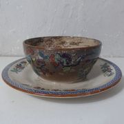 Sarreguemines old bowl with polychrome faience tray model NIPPON