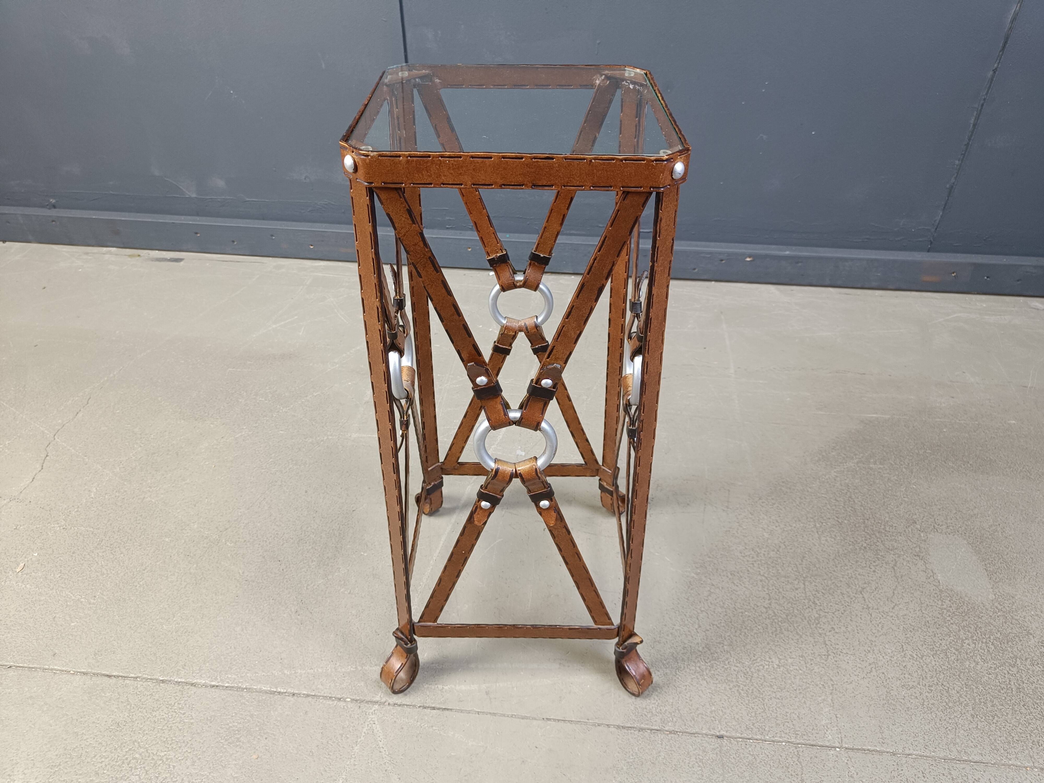Iron Faux Leather Side Table in the style of Jacques Adnet