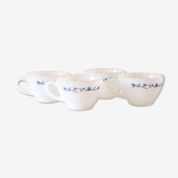Set of 5 cups and under cups made in Mexico, Termocrisa,, white and blue