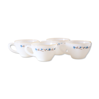 Set of 5 cups and under cups made in Mexico, Termocrisa,, white and blue