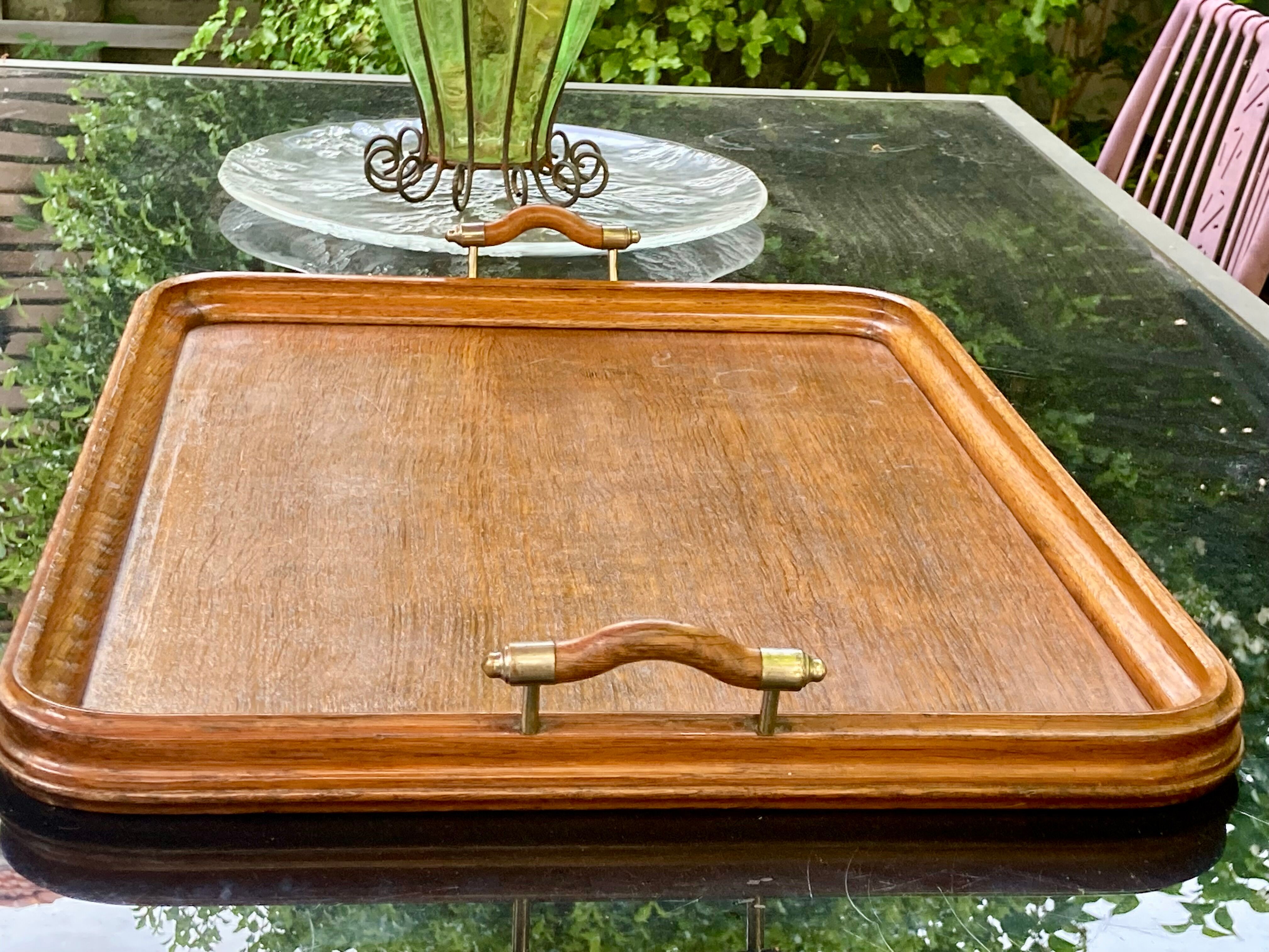 Old serving tray - oak and bronze