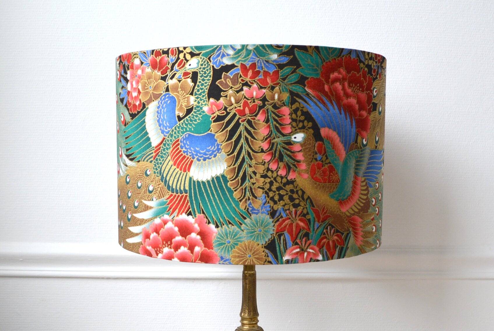 Peacock lampshade, gold flowers