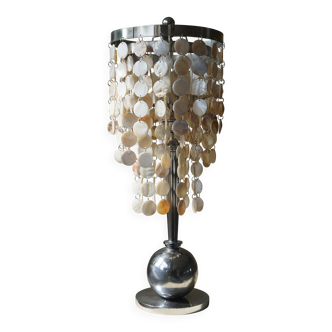 Art Deco table lamp with a mother-of-pearl top and Funkis-style frame.