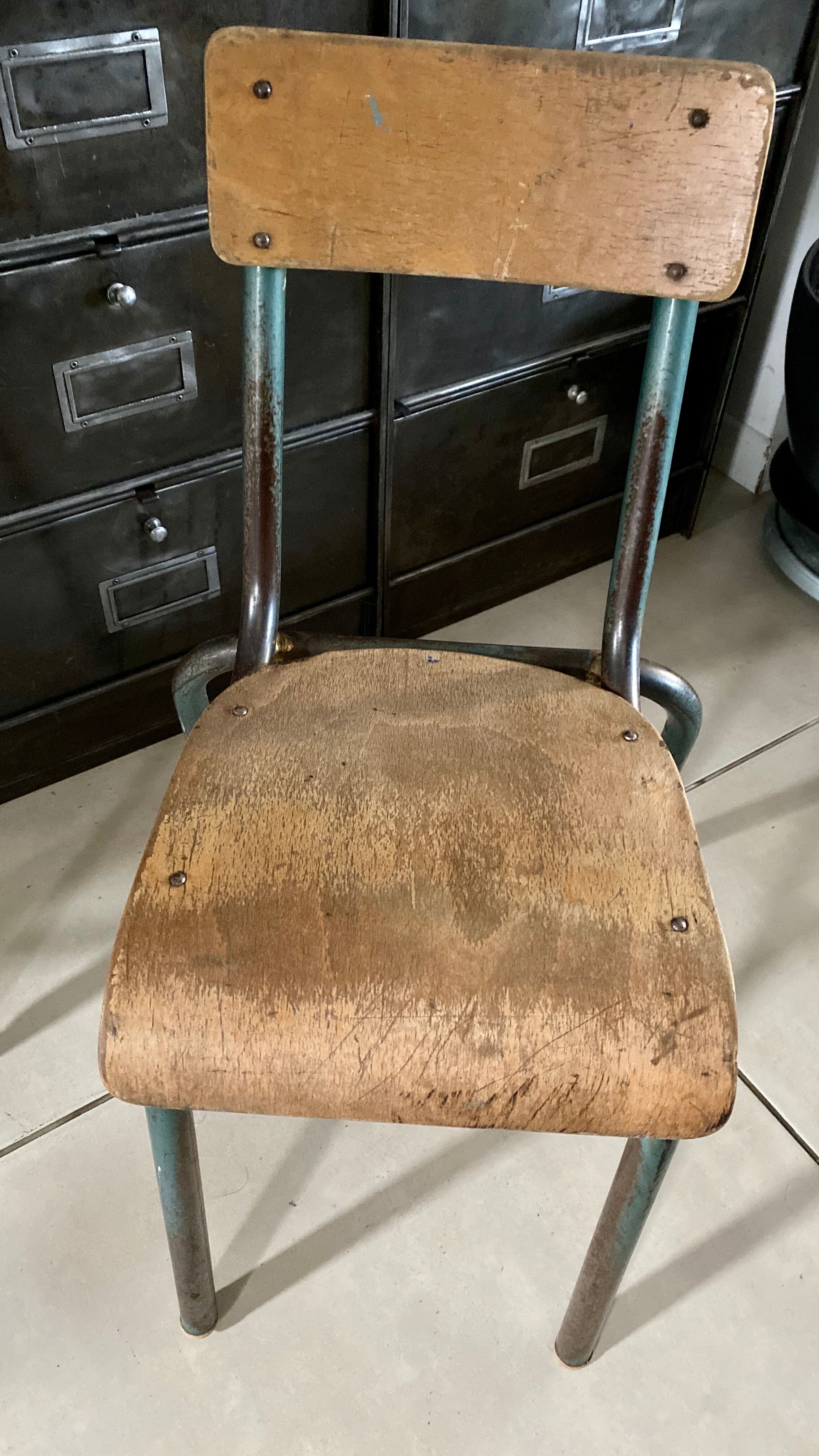 Old schoolboy chair child wood and metal