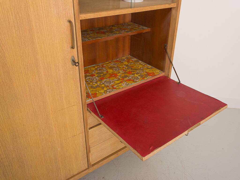 Oak desk cabinet with wardrobe space and fully pickled showcase, circa 60