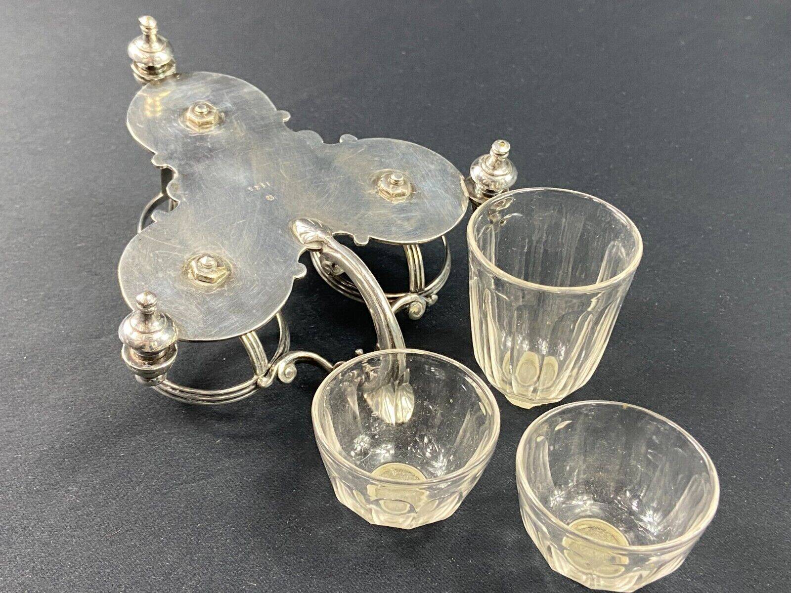 Porte salerons moutardier métal argenté et cristal XIXe décor coquille Louis XV