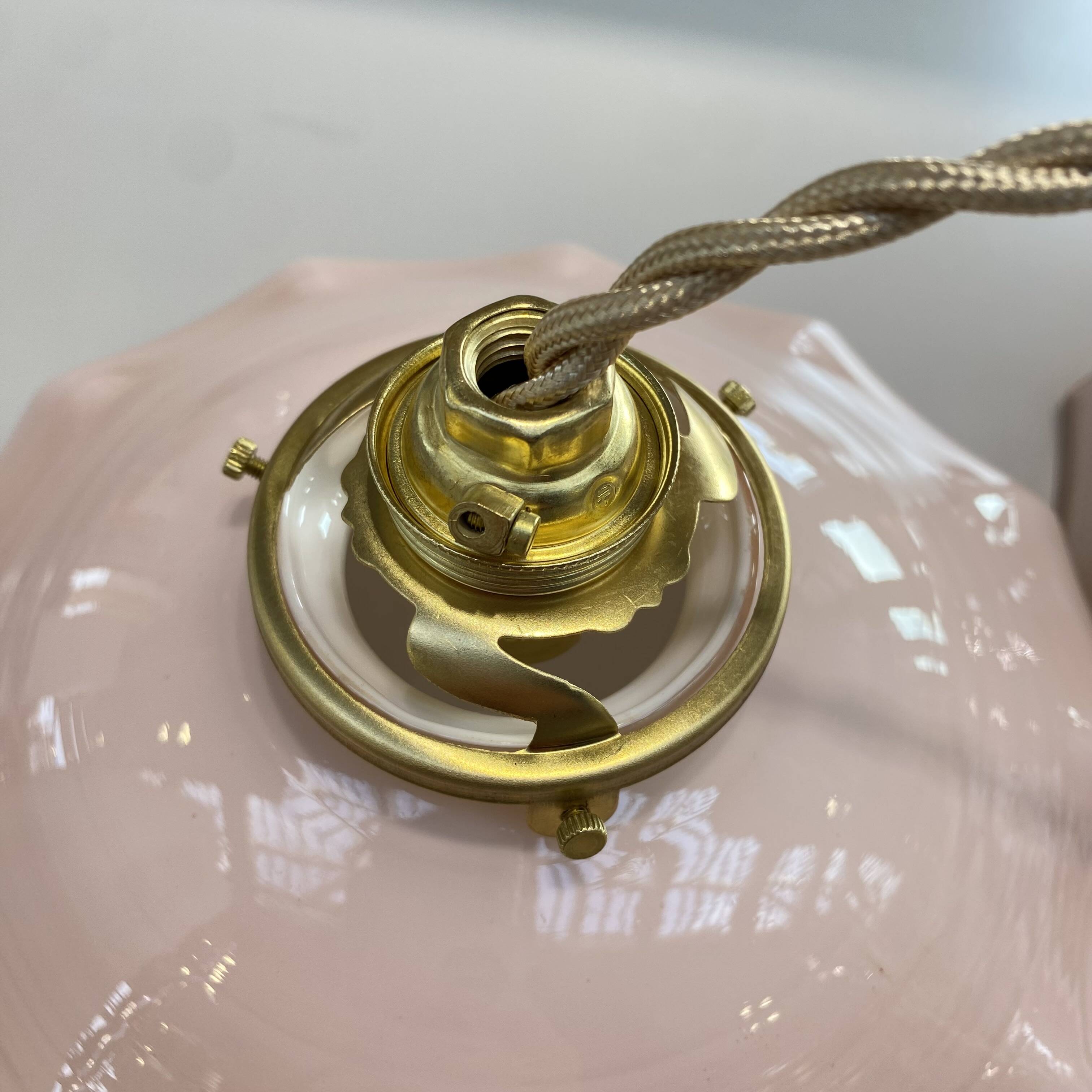 Pair of pale pink opaline pendant lights