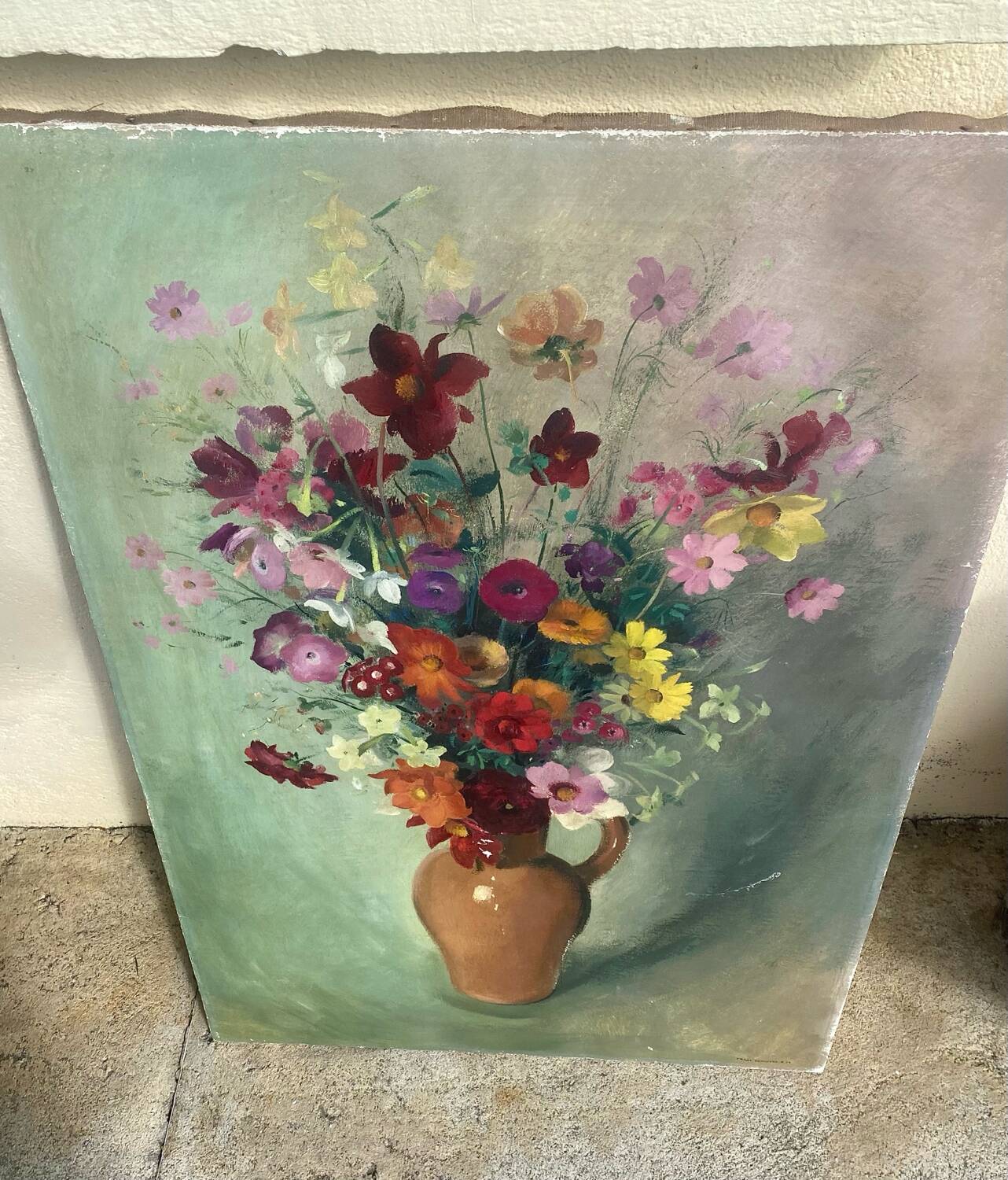 Grande huile sur toile signée Frans Depooter 1943 Bouquet de fleurs