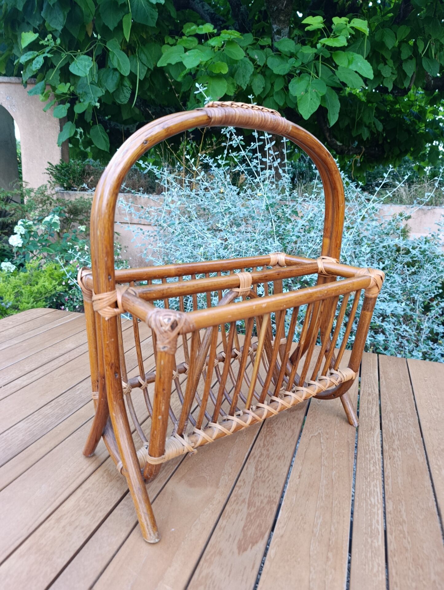 bamboo / rattan magazine rack, vintage, bohemian chic charm