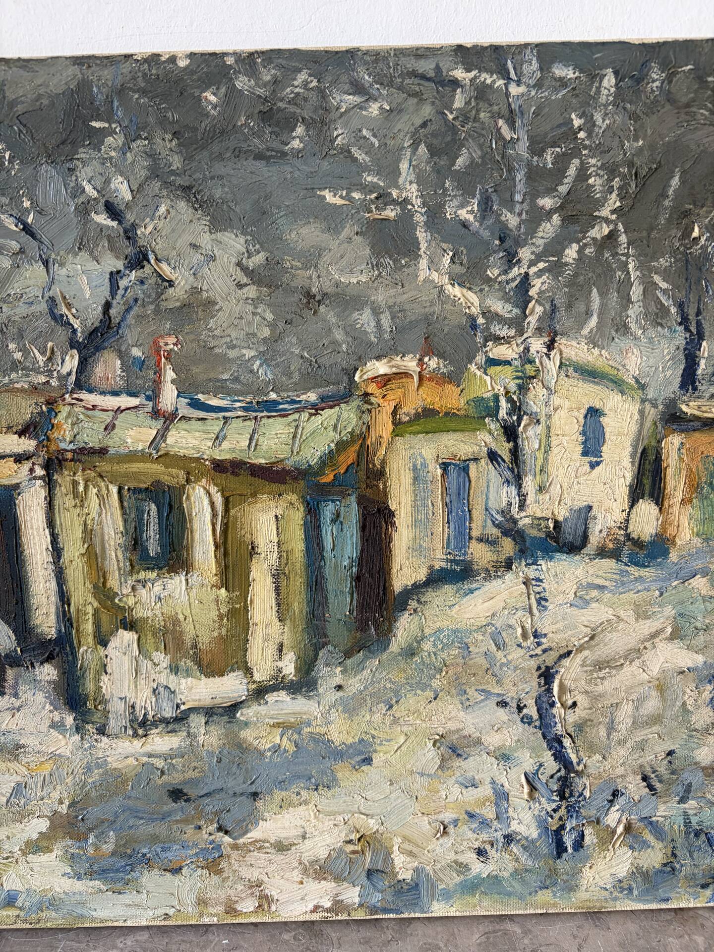Snowy village, knife oil, signed