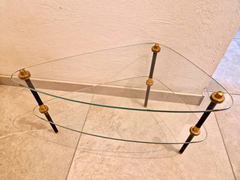 Coffee table end table in metal and black and gold glass - Design 1950/1960