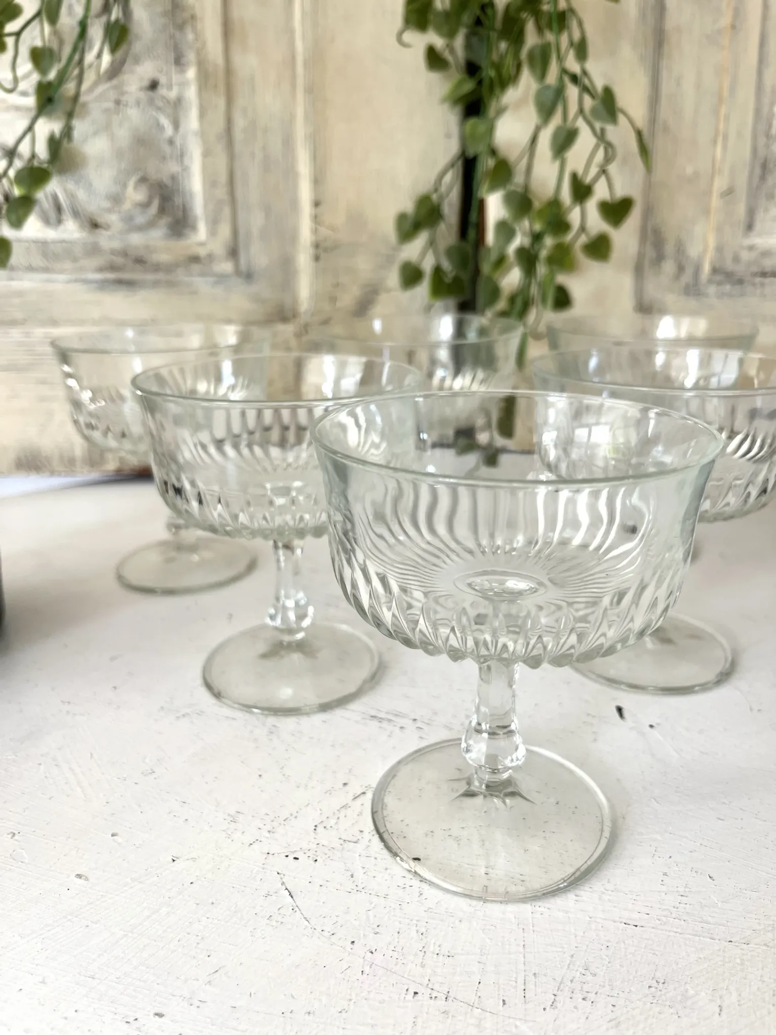 Coupe Glasses – French Set of 6 Pressed Glass Sunburst Cocktail Desser