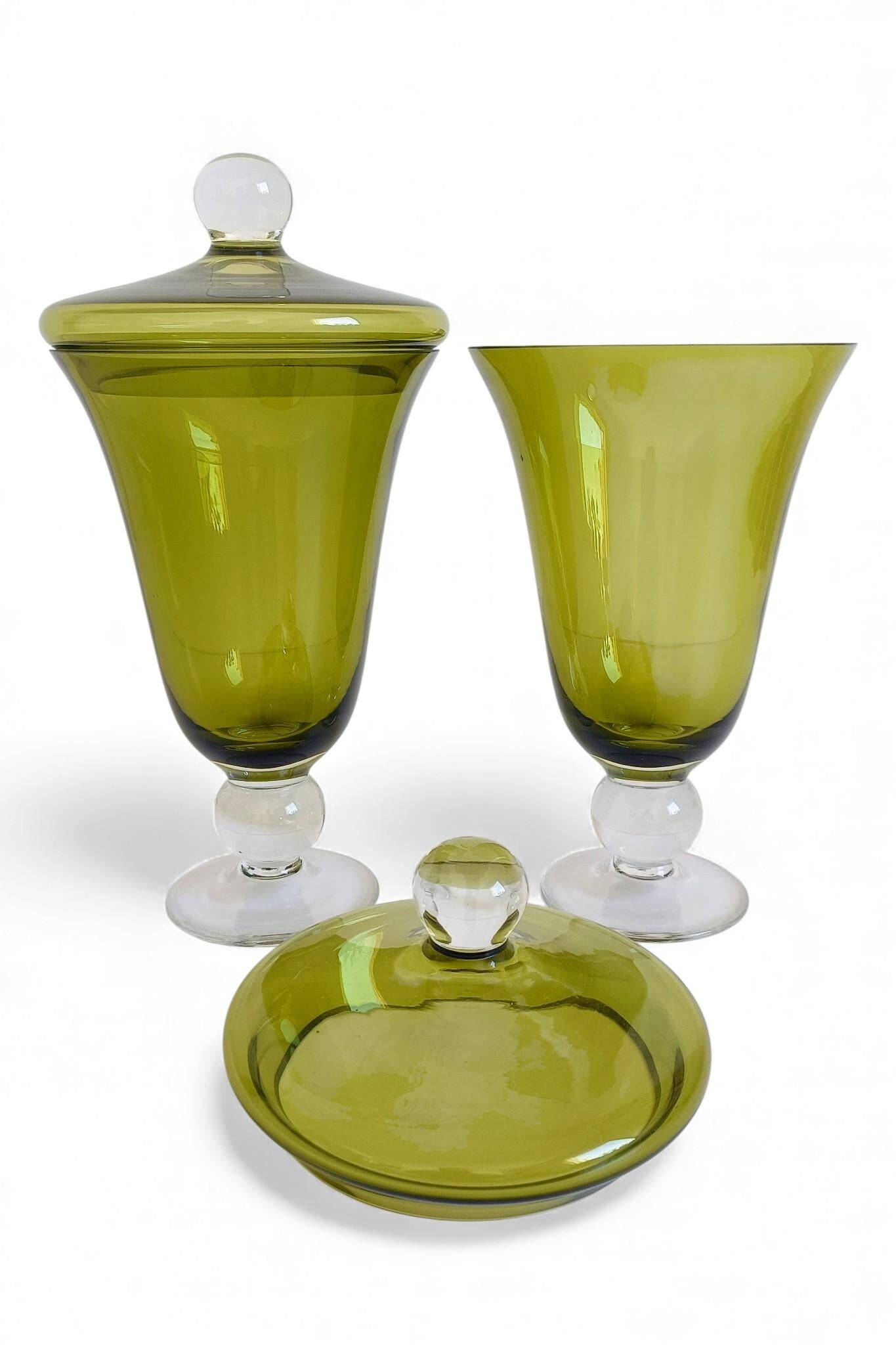 Murano Glass Green Lidded Urns, Venini Style, Italy, 1950s
