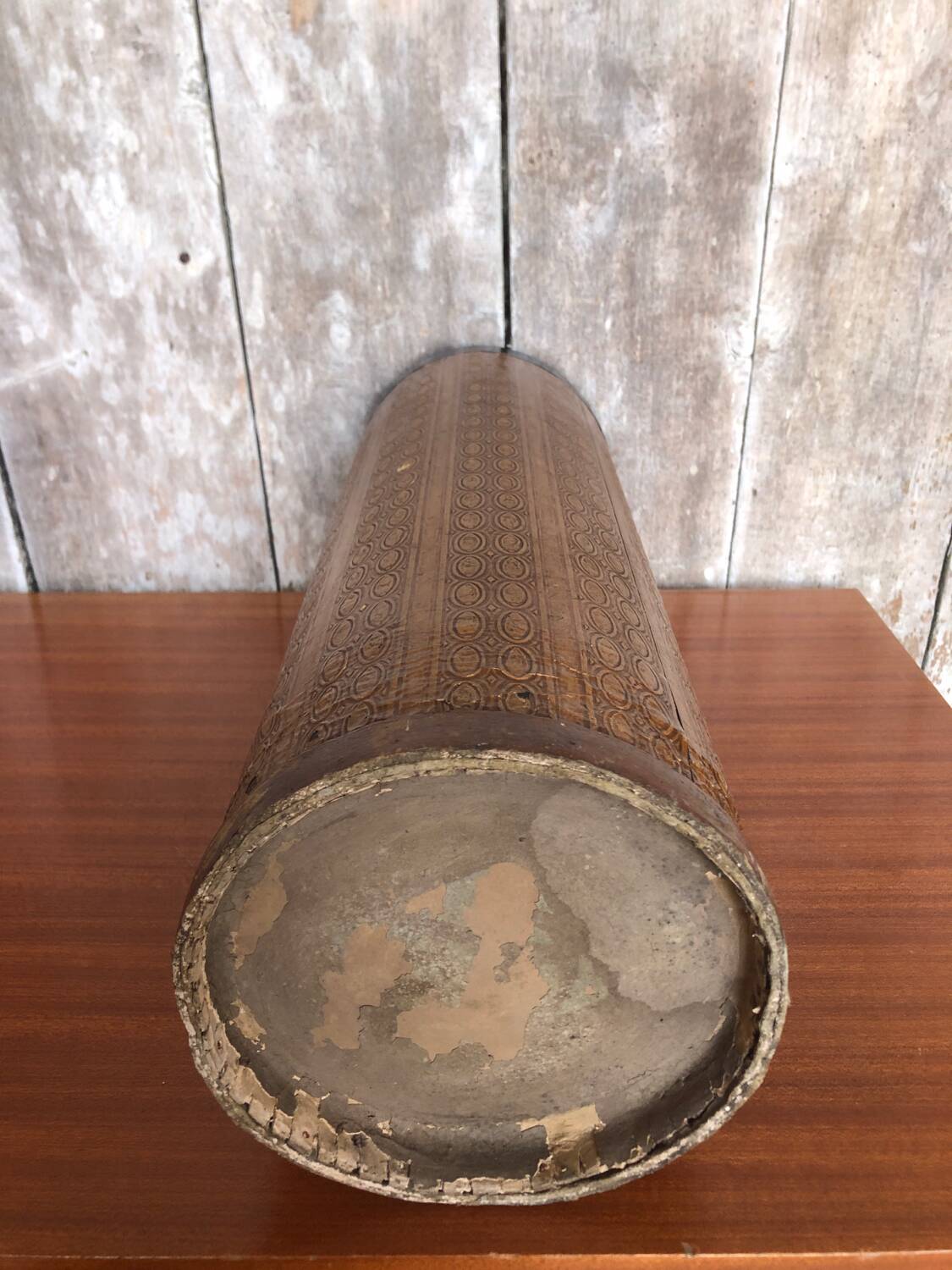 Boiled cardboard umbrella stand + brass strapping + vintage interior tray #a312