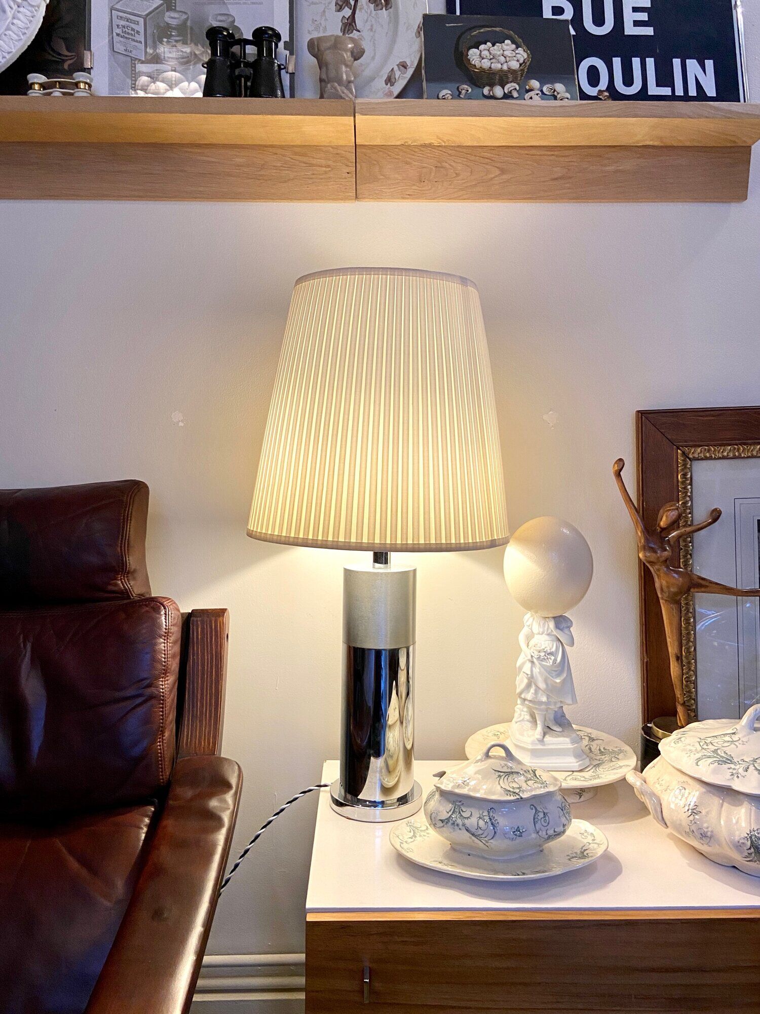 Table lamp in beige pleated cotton and chrome aluminum