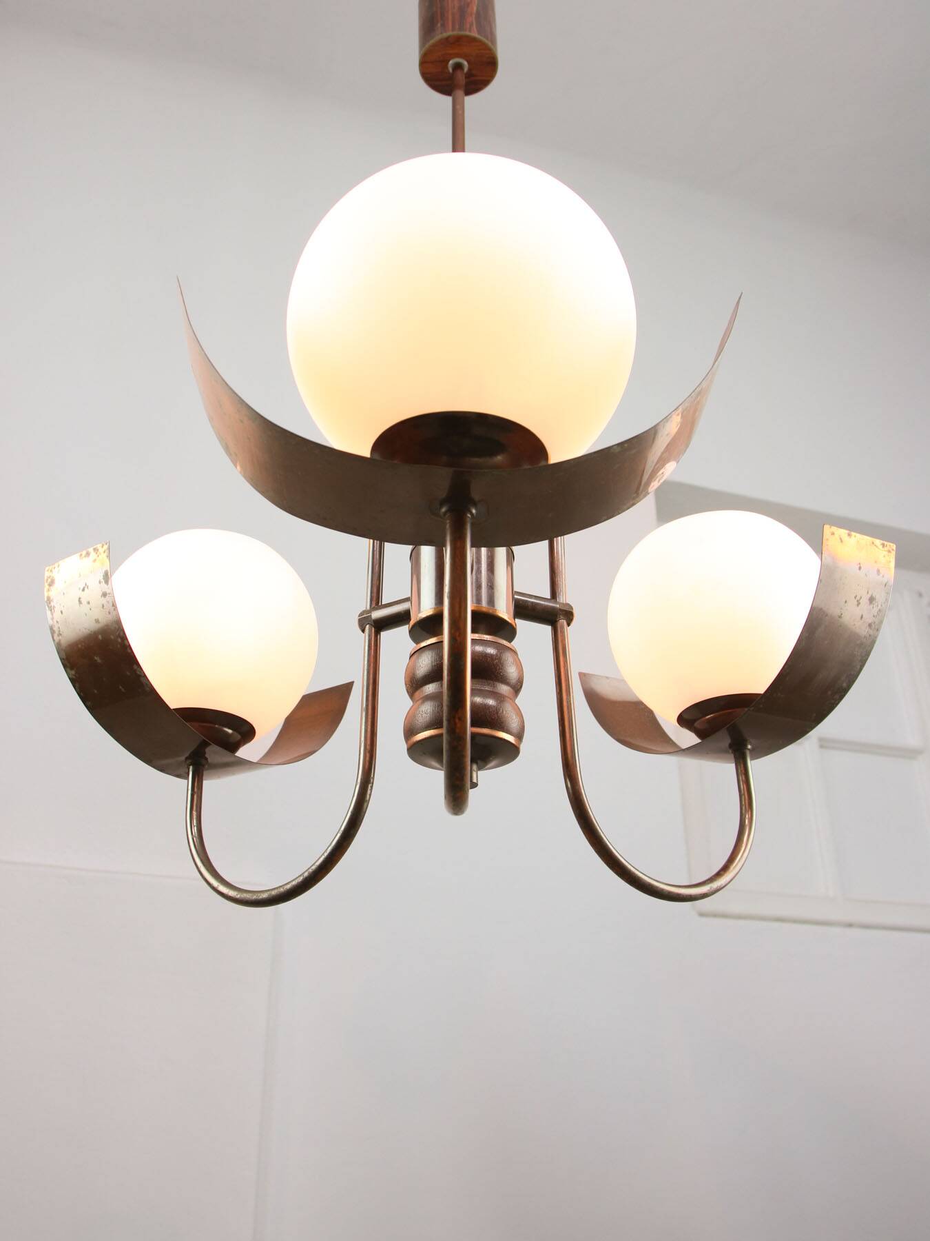 Vintage Italian Copper and Opaline Chandelier, 1970s
