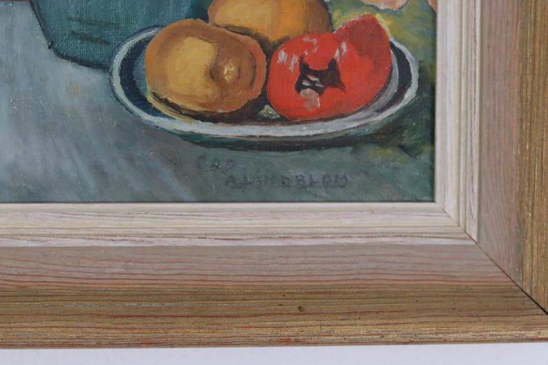 Huile sur toile suédoise « Nature morte avec Amaryllis et fruits » par A. Lindblom