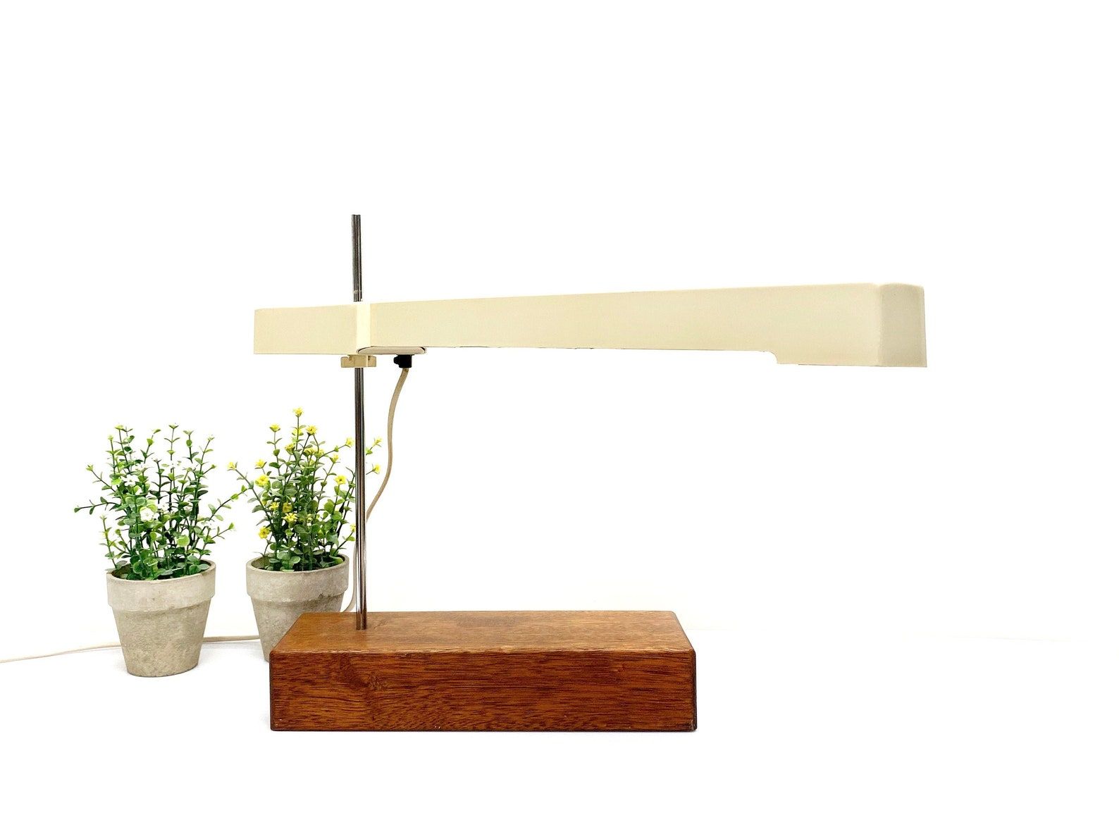 Unique XL Vintage Fluorescent Desk Lamp, Solid wooden base, Mid Century Table Lamp